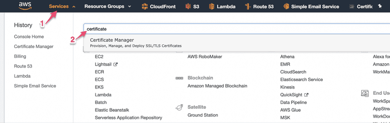 Click on 1 then search for certificate under 2